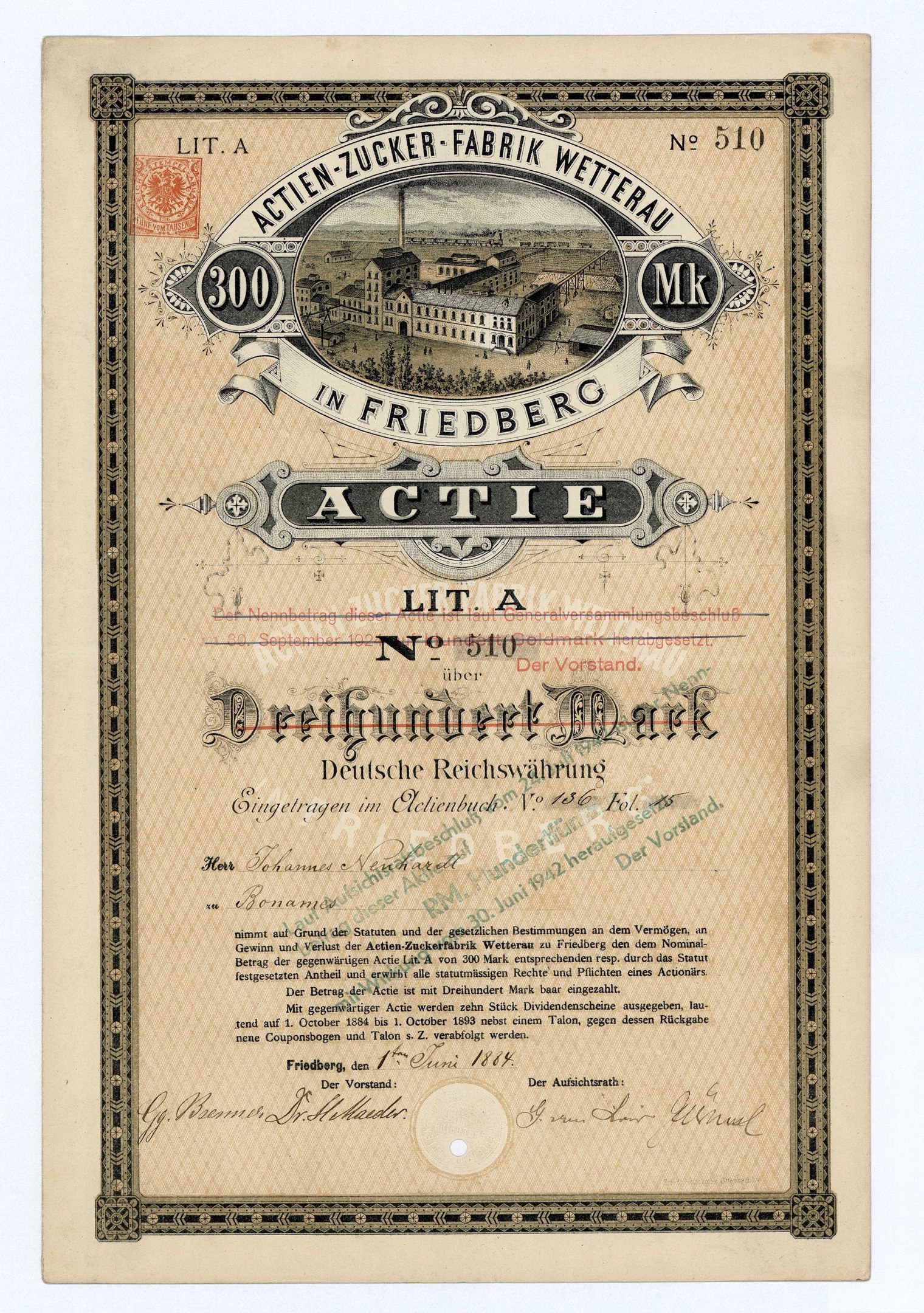 Altes deutsches Aktienzertifikat mit einer Gebäudeillustration und Text, der wahrscheinlich den aktiven Status angibt.