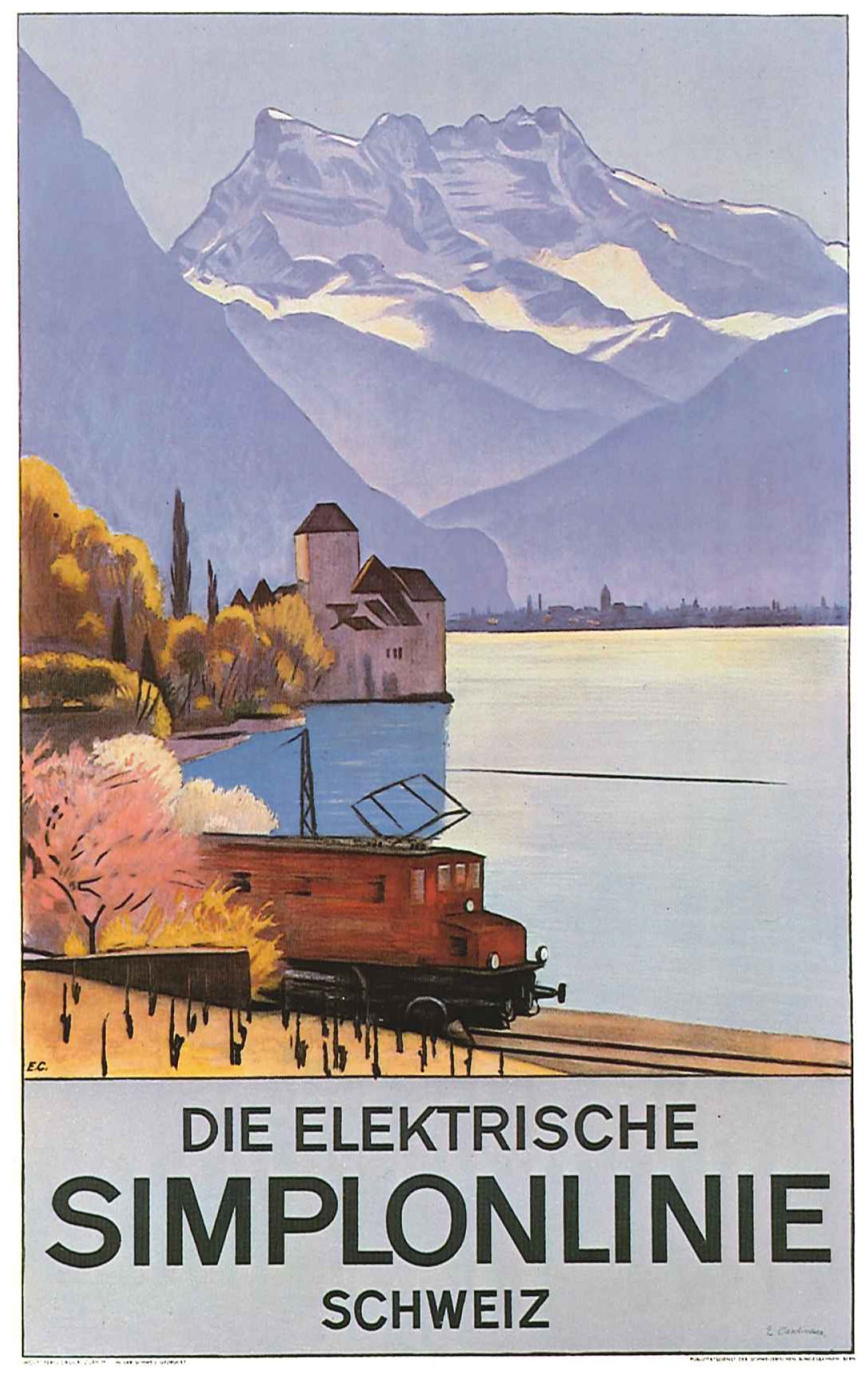 Plakatwerbung der Schweizerischen Bundesbahn mit einem Zug auf Schienen in der Nähe eines Sees, umgeben von Bäumen, einem Gebäude und Bergen im Hintergrund.