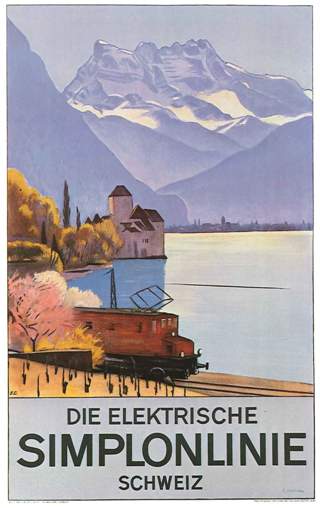 Plakatwerbung der Schweizerischen Bundesbahn mit einem Zug auf Schienen in der Nähe eines Sees, umgeben von Bäumen, einem Gebäude und Bergen im Hintergrund.