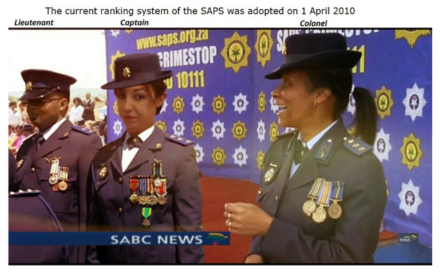 Eine Gruppe von Menschen in Uniformen und Hüten steht unter einem Banner, mit Text oben und unten: "Das aktuelle Ranglistensystem der SAP wurde am 1. April 2010 eingeführt."