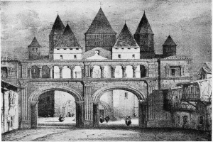 Schwarzes und weißes Bild einer Burg mit einem Glockenturm im Hintergrund, umgeben von Menschen, mit dem Text "Renaissance-Bogen" unten.