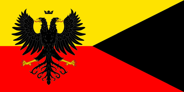 Deutsche Flagge mit drei horizontalen Streifen in Schwarz, Rot und Gold, die einen schwarzen Doppeladler in der Mitte mit ausgebreiteten Flügeln und erhobenem Haupt zeigt.