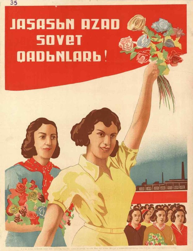 Sowjetisches Propagandaplakat zum Internationalen Frauentag, das eine Frau mit Blumen zeigt, umgeben von einer Menge und einem Gebäude, mit der Aufschrift "Frauentag."
