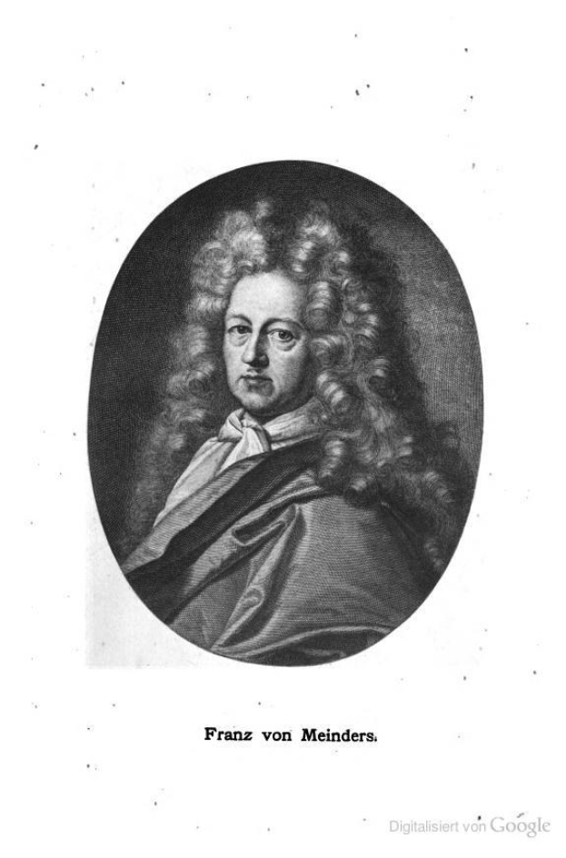 Schwarz-weißes Porträt von Franz von Meinders, einem deutschen Komponisten mit langen Locken, und deutschem Text unten.