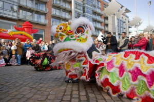 Vibrant Chinese New Year celebration in Amsterdam with lion dance performance and crowd of onlookers
