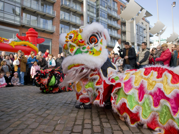Vibrant Chinese New Year celebration in Amsterdam with lion dance performance and crowd of onlookers