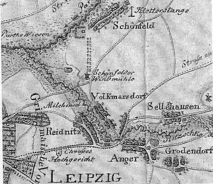 Detailiertes altes Stadtplan von Leipzig, Deutschland, zeigt Straßen, Gebäude, Sehenswürdigkeiten und textliche Informationen über Bevölkerung, Straßen und bemerkenswerte Merkmale.