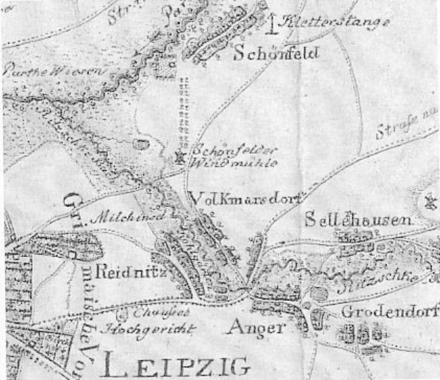 Detailiertes altes Stadtplan von Leipzig, Deutschland, zeigt Straßen, Gebäude, Sehenswürdigkeiten und textliche Informationen über Bevölkerung, Straßen und bemerkenswerte Merkmale.