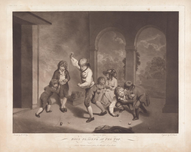 Jungen spielen ein Spiel mit Stecknadeln in einem Raum mit Wänden, Säulen, Bäumen und einem bewölkten Himmel im Hintergrund, mit dem Text 'Jungen beim Stecknadeln spielen' unten.