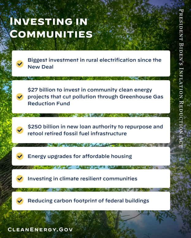 Plakat mit Bäumen und Himmel als Hintergrund, Text lautet "Investitionen in Gemeinden: Größte Investition in ländliche Elektrizität seit den Neuen Deal."