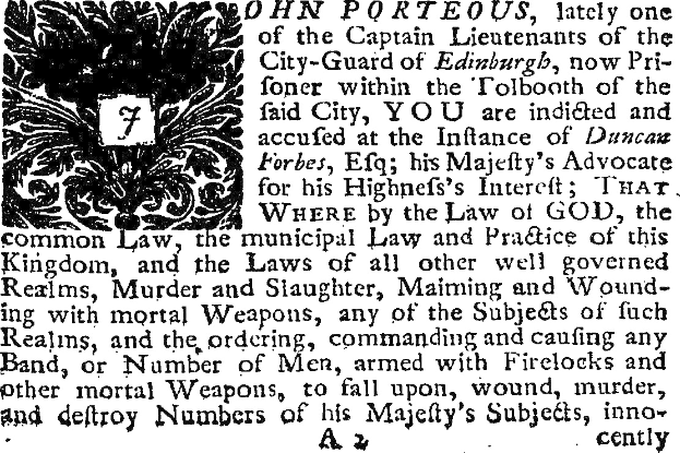 Schwarz-weißes Bild eines Mannes in Anzug und Krawatte mit einem Dokument mit Text und einem Design, einschließlich der Anklage gegen John Porteous.