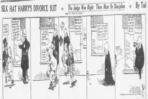 Ein Cartoon von einem Mann in einem schwarzen Anzug und einer Frau in einem eleganten Kleid mit einem schwarzen Schal, beide mit ernsten Gesichtern, die etwas Wichtiges besprechen, mit dem Text 'Scheidungskostüm' auf dem Bild.