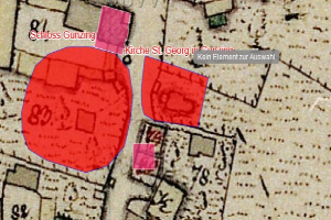 Eine Stadtkarte mit einem roten Hakenkreuz in der Mitte, begleitet von Text und Zahlen.