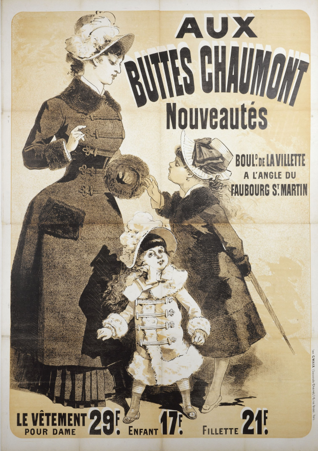 Ein Plakat für eine Modenschau, das eine Frau in einem langen, hochgeschlossenen Kleid mit langen Ärmeln und ein Kind in einem passenden Kleid und Hut zeigt, die beide zusammen posen.