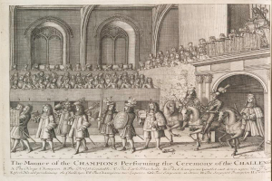 Eine Zeichnung einer Gruppe von Menschen, einige zu Pferde, die vor einer Menge mit einem Gebäude im Hintergrund stehen, mit Text unten, der "Die Art und Weise, wie die Champions die Herausforderung durchführen" lautet.