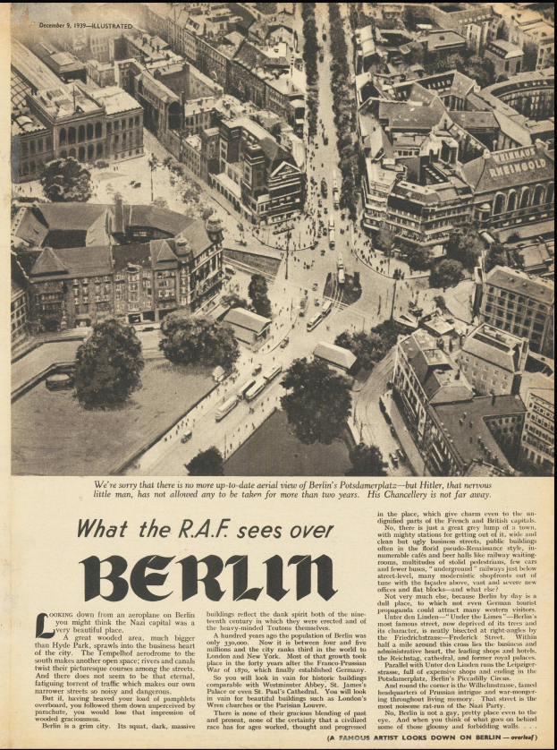Schwarzes und weißes Foto eines alten Zeitungsartikels mit einer Stadtansicht, die Gebäude, Bäume und Fahrzeuge zeigt, neben Text.
