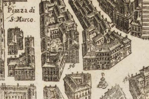 Ein detailliertes Stadtplan mit verschiedenen einzigartig entworfenen Gebäuden, begleitet von handgeschriebenen Notizen auf dem Papier.