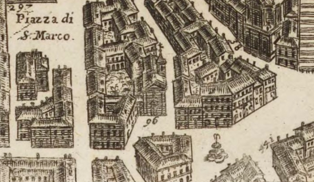 Ein detailliertes Stadtplan mit verschiedenen einzigartig entworfenen Gebäuden, begleitet von handgeschriebenen Notizen auf dem Papier.