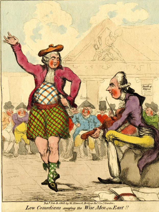 Zeichnung eines Mannes in einem Kilt und einer Frau in einem Kleid, die vor einem Publikum auf einer Bühne stehen, mit einem Gebäude im Hintergrund und Wolken am Himmel, mit Text unten, der 'Niedrige Komiker, die die weisen Männer des Ostens unterhalten' liest.