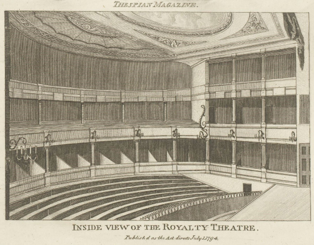Innenansicht des Königlichen Theaters mit Sitzreihen, Treppen, Geländern, Lampen und Decke sowie Text am unteren Rand.