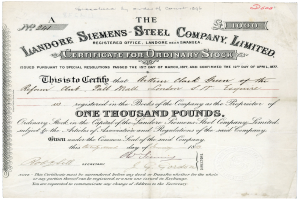 Ordinary Stock Certificate ausgestellt von Landore Siemens Steel Company Limited, ein Papierdokument mit gedrucktem Text einschließlich des Unternehmensnamens und der Adressdetails.