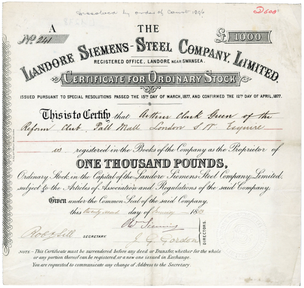 Ordinary Stock Certificate ausgestellt von Landore Siemens Steel Company Limited, ein Papierdokument mit gedrucktem Text einschließlich des Unternehmensnamens und der Adressdetails.