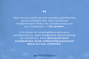 Ein Plakat mit einem Zitat aus Building a Better America, das besagt: "Wir müssen die Social-Media-Plattformen für das nationale Experiment zur Verantwortung ziehen, das sie an unseren Kindern durchführen - zum Profit.", geschmückt mit Sternen.