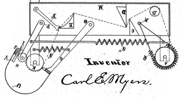 Schwarzes und weißes technisches Zeichnung eines Maschinen mit einem prominenten Uhrwerk, zugeschrieben dem Erfinder Carl E. Meyer's Windturbinen-Entwurf, begleitet von erklärendem Text.