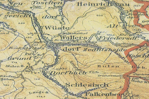 Detailierte alte Karte von Schlesisch, Deutschland, markiert die Schlacht von Wallers-Friedersdorf mit Text und Zahlen, zeigt Straßen, Gebäude und andere Merkmale.