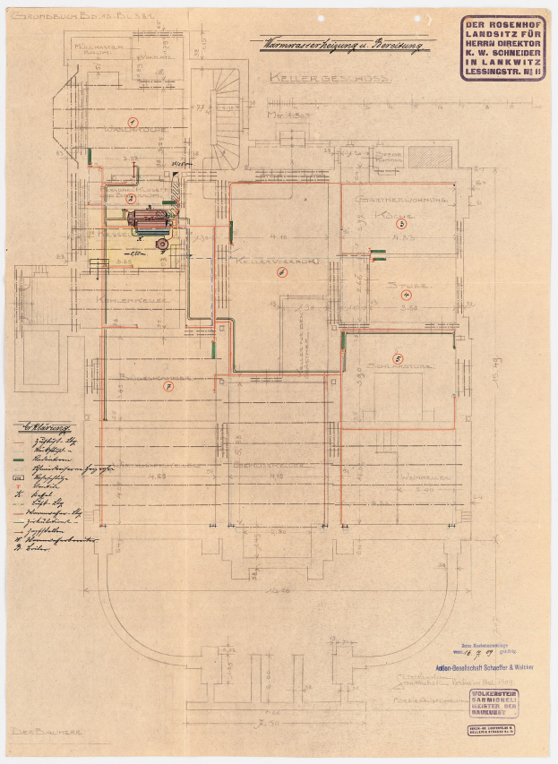 Schwarz-weißer Architekturplan des Rosenhof-Krankenhauses in Hamburg, Deutschland, mit detaillierter.Layout mit zahlreichen Drähten, Zimmern, Fluren und Textanmerkungen auf altem Papier.