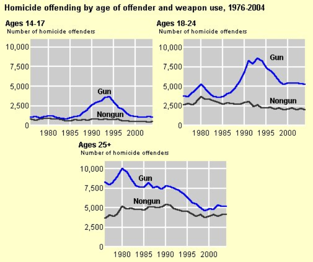 Liniengraph, der die Homicide-Offending-Rates nach Alter des Täters und Waffentyp (Feuerwaffen, Messer, andere Waffen, persönliche Waffen) von 1976 bis 2004 zeigt, mit begleitendem erklärendem Text.