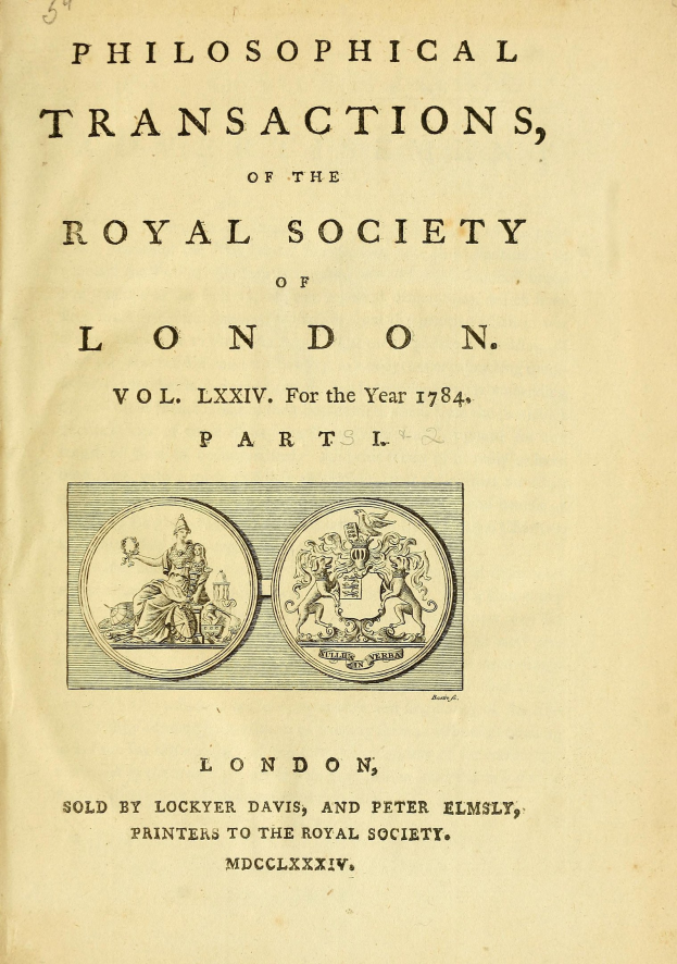 Ein historisches Dokument mit dem Titel "Philosophical Transactions of the Royal Society of London", das Illustrationen eines Mannes in Anzug, einer Frau in einem Kleid und eines Mannes mit Hut und Stock zeigt, mit fetter Schrift in einem dekorativen Rahmen auf einem hellblauen Hintergrund.