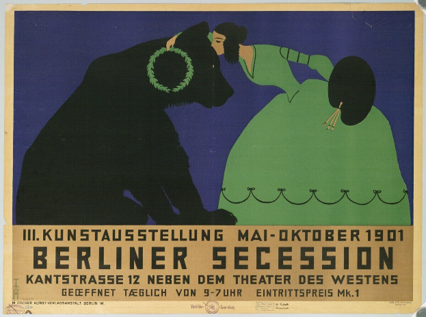 Plakat für die Berliner Secession mit einer Frau in einem grünen Kleid und einem Mann in einem schwarzen Anzug mit Text, der das Ereignis beschreibt.