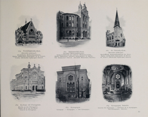 Schwarzes und weißes Foto von sechs verschiedenen Gebäuden mit unterschiedlichen Architekturstilen neben begleitendem Text.