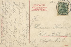 Eine alte Postkarte mit einer Briefmarke, die den Text "Postkarte Weltpostverein" und "Union Postale Universelle" trägt und von Deutschland nach Deutschland gesendet wurde.