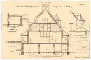 Schwarz-weißes Architekturzeichnung eines Hauses mit zahlreichen Fenstern und einem Dach, beschriftet als das erste Haus in Deutschland, begleitet von detaillierten Plänen und Text.
