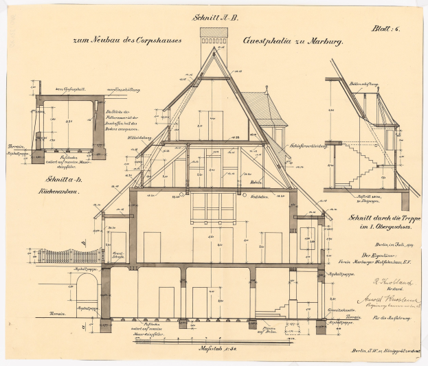 Schwarz-weißes Architekturzeichnung eines Hauses mit zahlreichen Fenstern und einem Dach, beschriftet als das erste Haus in Deutschland, begleitet von detaillierten Plänen und Text.