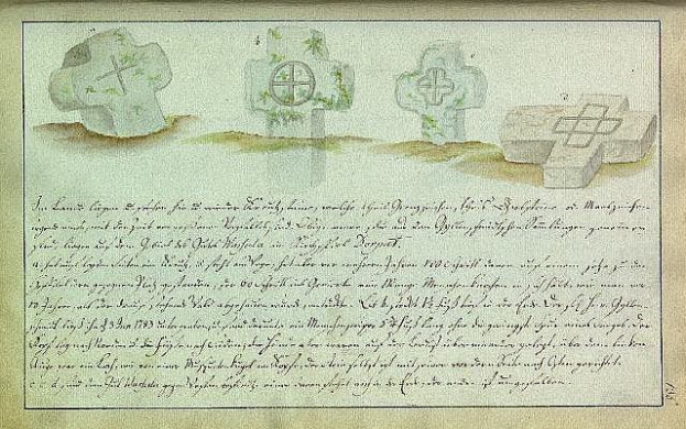 Alter deutscher Familienbrief von 1823 mit drei keltischen Kreuzen, gelbem Papier und geschwungener Schrift.