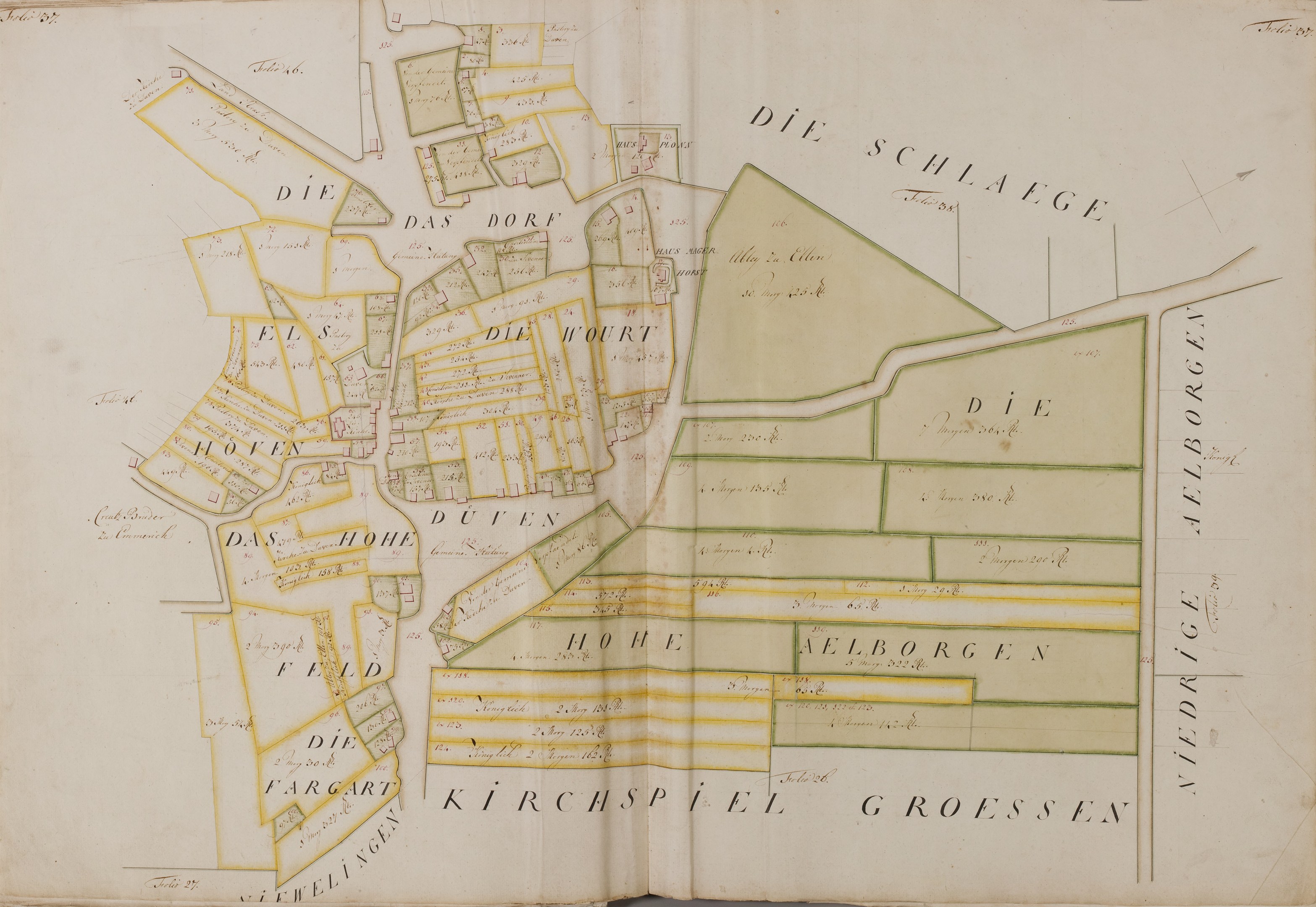 Ein altes Buch mit einer detaillierten Karte von Hamburg, Deutschland, mit Texten, die Informationen über die Bevölkerung, Straßen und Sehenswürdigkeiten der Stadt liefern.