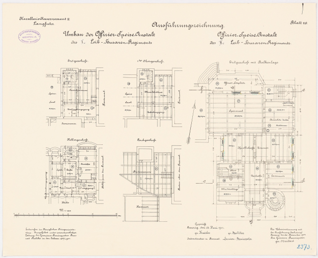 Schwarz-weißer architektonischer Grundriss des ehemaligen Bundeskanzleramts in der Bundesrepublik Deutschland, der detaillierte Layout-Plan mit Text und Zeichnungen zeigt.