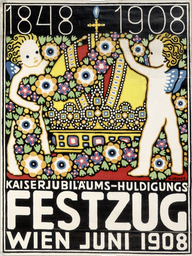 Plakat für ein Wiener Festival mit einem Bild eines Jungen und eines Mädchens, die Arm in Arm stehen und Text mit Festivaldetails.