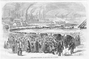 Schwarze und weiße Zeichnung von Menschen vor einer Fabrik mit Häusern und Rauch aus Schornsteinen, mit dem Text "Kohlebergbau-Katastrophe in England das Ende" unten.