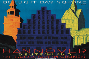 Ein Plakat bewirbt Hannover, Deutschland, mit ein paar Gebäuden, Bäumen und Textinformationen über die Stadt.
