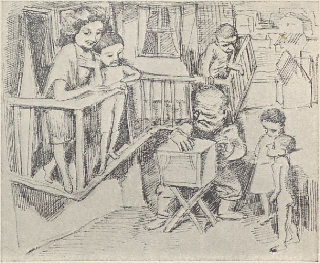 Eine Zeichnung einer Familie in einem Wohnzimmer mit einem Mann auf einem Stuhl sitzend, einer Frau neben ihm stehend, die ein Baby hält, anderen Leuten im Raum und einem Fenster im Hintergrund, mit Text unten.