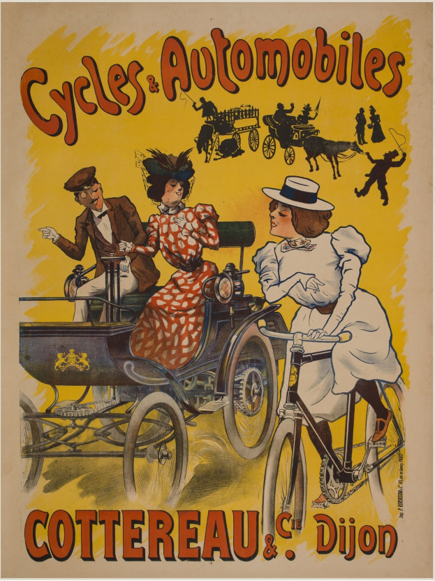 Plakat zur Ankündigung von Fahrrädern und Automobilen in Cottereau und Dijon, Frankreich, das Menschen auf Fahrrädern und eine Kutsche zeigt.