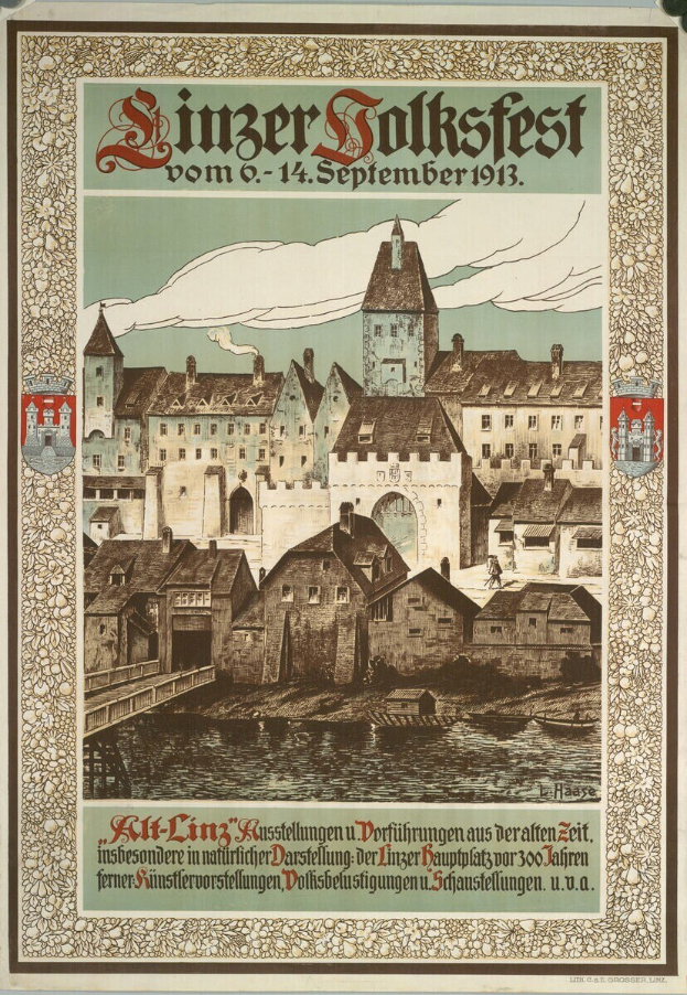 Altes deutsches Festivalplakat mit einer Burillustration umgeben von Häusern und Text.
