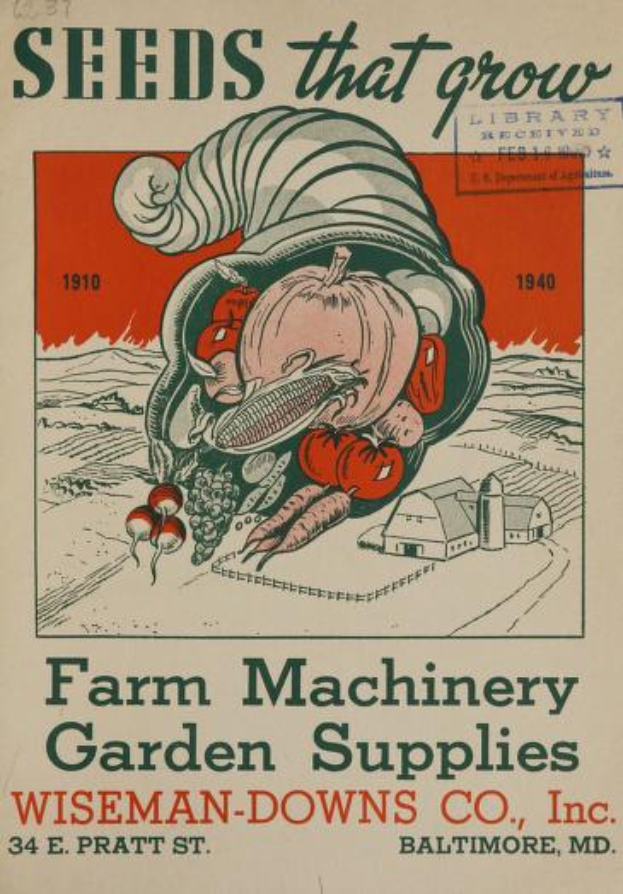 Ein Vintage-Plakat von Wiseman-Downs Co., Inc., das verschiedene Landmaschinen und Gartenzubehör, einschließlich Samen, zeigt, mit beschreibendem Text.