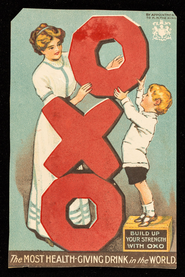 Ein Plakat, das eine Frau und einen Jungen zeigt, die nebeneinander stehen und jeweils eine große Zahl halten, mit dem Text "Das gesündeste Getränk der Welt" darunter.