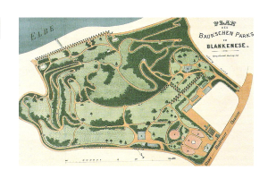 Ein detailliertes altes Park-Karte von Blankenese, Deutschland, zeigt den Park-Layout mit Text-Bemerkungen.