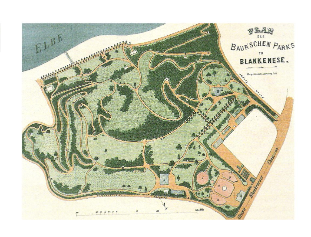 Ein detailliertes altes Park-Karte von Blankenese, Deutschland, zeigt den Park-Layout mit Text-Bemerkungen.